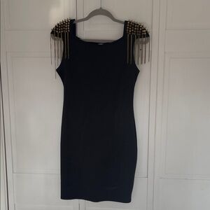 Black Mini Dress with Gold Studded Fringe Shoulders Sz L
